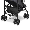 Close-up view of the wheels and frame of a stroller. Produktbild-Vorschau