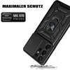 A black phone case with a ring holder and camera cover is shown at an angle, with text overlays highlighting its features. Produktbild-Vorschau