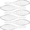 A set of six stainless steel fish-shaped grill baskets arranged in two columns. Náhled obrázku produktu