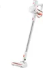 A white cordless vacuum cleaner with orange accents is shown against a white background. Produktbild-Vorschau