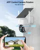A solar-powered security camera with app control is shown mounted on a wall, with a smartphone displaying a live view of a house. Náhled obrázku produktu