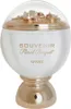 A white and gold perfume bottle with a clear dome top adorned with floral embellishments. Voir les images du produit