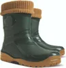 A pair of green rain boots with brown knitted cuffs and brown soles, shown against a white background. Náhled obrázku produktu