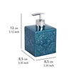 A blue ceramic soap dispenser with embossed floral patterns and a silver pump dispenser, shown with dimensions indicated by measurement lines and text. Náhled obrázku produktu