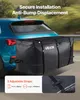 A black cargo bag attached to the back of a car, with text overlays highlighting features. Produktbild-Vorschau