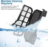 A vacuum cleaner filter assembly is being cleaned in water, with text indicating maintenance recommendations. Produktbild-Vorschau