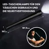 A black LED flashlight shaped like a baseball bat is shown with dimensions and a man holding a similar item. Produktbild-Vorschau