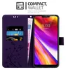 A purple phone case with card slots and a phone displaying the time and date. Náhled obrázku produktu
