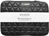 A black quilted notebook sleeve with a white band displaying product information. Produktbild-Vorschau