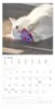 A white cat plays with a small purple toy mouse on a wooden surface, with a calendar page below. Produktbild-Vorschau