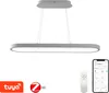 A modern pendant light fixture shown against a white background, with accompanying logos and a smartphone app interface. Náhled obrázku produktu