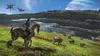A Na'vi warrior riding a direhorse on Pandora, with alien creatures and flora in the background, and a large planet in the sky. Produktbild-Vorschau