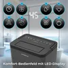 A dehumidifier is shown in a bathroom setting, with various icons and a digital display indicating features. Produktbild-Vorschau
