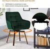 A green velvet swivel chair is shown with text highlighting its features. Voir les images du produit