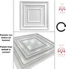 A split image showing two views of a white, square, decorative ceiling panel. The top image shows a front view, and the bottom image shows a close-up of the layered, convex design from an angle. Text in German and English describes the panel's convex shape Produktbild-Vorschau