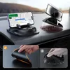 A car dashboard with two phone holders, one with a phone displaying navigation, and another showing a phone being magnetically attached. Below are close-up shots demonstrating how to clean the base of the phone holder. Náhled obrázku produktu