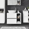 A modern bathroom vanity with a vessel sink and marble-patterned walls. Náhled obrázku produktu