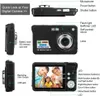 A diagram showing the different parts and features of a digital camera, with close-ups of its various sides and the screen displaying a photo. Produktbild-Vorschau