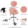 A pink velvet office chair with various features highlighted by text and close-up images. Podgląd zdjęcia produktu