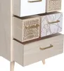 A close-up view of a wooden chest of drawers with five drawers, featuring decorative cutouts and gold handles. Náhled obrázku produktu