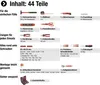 A diagram showing the contents of a 44-piece tool kit, categorized by function. Produktbild-Vorschau