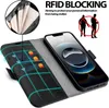 A black flip case for a smartphone, showing its card slots and RFID blocking feature, with a smartphone inside. Produktbild-Vorschau