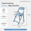 A light blue folding chair with its technical specifications shown through text and measurements overlaid on the image. Produktbild-Vorschau