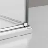 A close-up view of the corner of a shower enclosure, showing the frame and glass. Produktbild-Vorschau