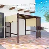 A pergola with a retractable canopy and side screens, set up on a tiled patio with string lights overhead. Podgląd zdjęcia produktu