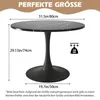 A round black marble-patterned table with a pedestal base, shown with dimensions and weight capacity. Produktbild-Vorschau