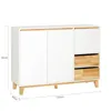 A white sideboard with wooden accents and legs, shown against a white background. Dimensions are indicated by measurement lines. Produktbild-Vorschau