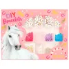 A pink box containing a DIY bracelet making kit with beads and letter charms, featuring a drawing of a white horse. Produktbild-Vorschau