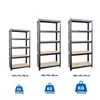 Three black metal shelving units of different sizes are displayed side-by-side against a white background. Below each unit, its dimensions and maximum load capacity are indicated by text and icons. Produktbild-Vorschau
