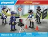 Playmobil police figures and accessories on a city street background. Produktbild-Vorschau