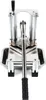 A stainless steel potato chipper with a black handle, shown from a front-facing, slightly elevated angle against a white background. Náhled obrázku produktu