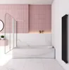 A modern bathroom with a bathtub, shower screen, and pink tiles. Produktbild-Vorschau