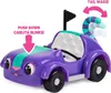 A purple toy car with a teal stripe and a striped tail is shown against a white background. Text overlays indicate features. Anteprima dell’immagine prodotto