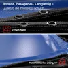 Close-up of a blue pool cover showing its material and stitching, with text overlays highlighting features. Produktbild-Vorschau