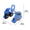 A blue trolley hoist with dimensions indicated by measurement lines and text. Náhľad obrázku produktu