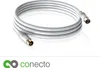 A white TV antenna cable coiled on a white surface with a logo and text at the bottom. Produktbild-Vorschau
