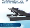 A close-up view of an adjustable bed frame mechanism, with text overlays highlighting its features. Produktbild-Vorschau