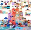 A collection of wooden building blocks and toy vehicles arranged on a play mat depicting a town scene. Anteprima dell’immagine prodotto
