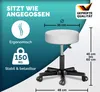 A marketing image for a white rolling stool, showing its dimensions, ergonomic design, and weight capacity. Produktbild-Vorschau