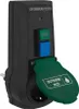 A black electrical adapter with a green flip-up cover and two buttons, one green and one blue. Produktbild-Vorschau
