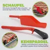 Two gutter cleaning tools are shown, one a scoop and the other a paddle, with inset images demonstrating their use on a tiled roof and in a gutter. Produktbild-Vorschau
