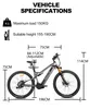 Diagram showing the specifications and dimensions of an electric bicycle. Produktbild-Vorschau