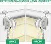 Two split images showing the mounting mechanism of a roller blind on the left and right sides, with text labels indicating 'LINKS' (left) and 'RECHT' (right). Produktbild-Vorschau