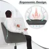 A man sitting in a dark gray office chair, with an illustration showing the ergonomic benefits of the chair. Produktbild-Vorschau