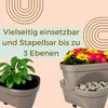 A marketing image showcasing stackable planters with text highlighting their versatility and stacking capability. Produktbild-Vorschau
