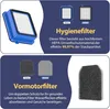 The image displays two sets of vacuum cleaner filters, one set labeled 'Hygienefilter' and the other 'Vormotorfilter', with descriptive text and illustrations. Produktbild-Vorschau